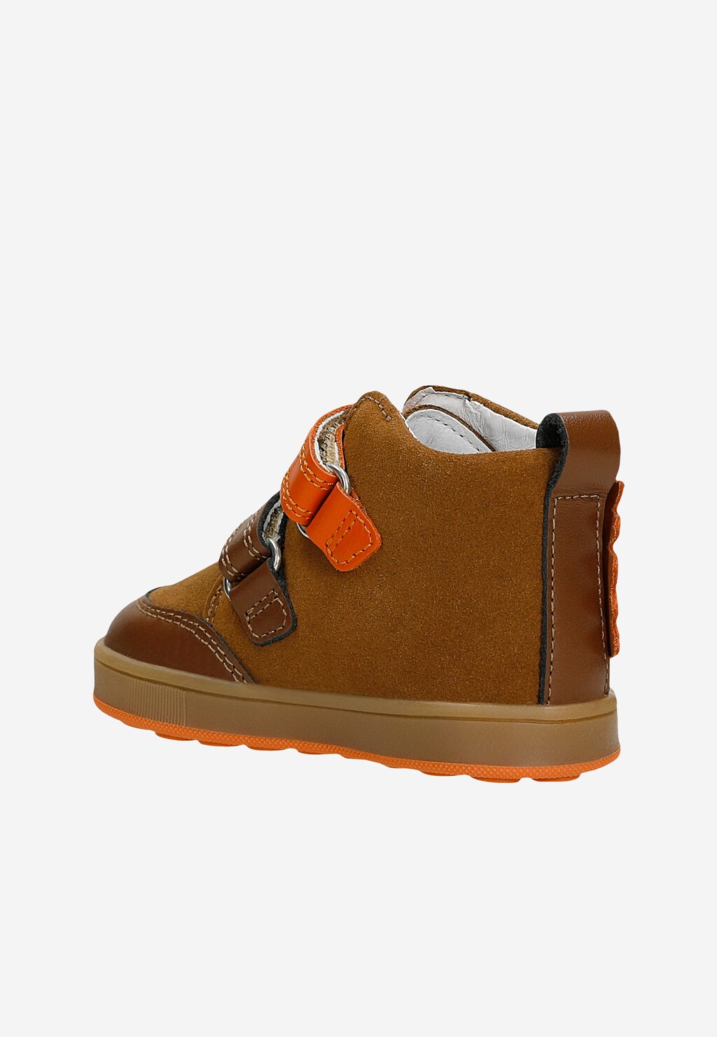 Brązowe trzewiki Bartek Mini First Steps 136340-01 z dinozaurem, rzepy, pomarańczowe akcenty, widok z tyłu.