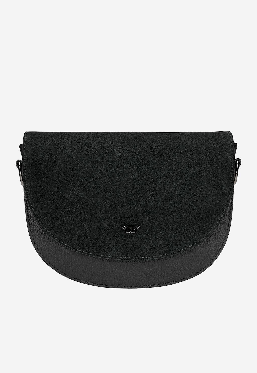 Czarna damska torebka Wojas Saddle bag 80497-71 z łączonych skór – zamsz i skóra ziarnista, półokrągła klapa z logo, srebrny pasek.