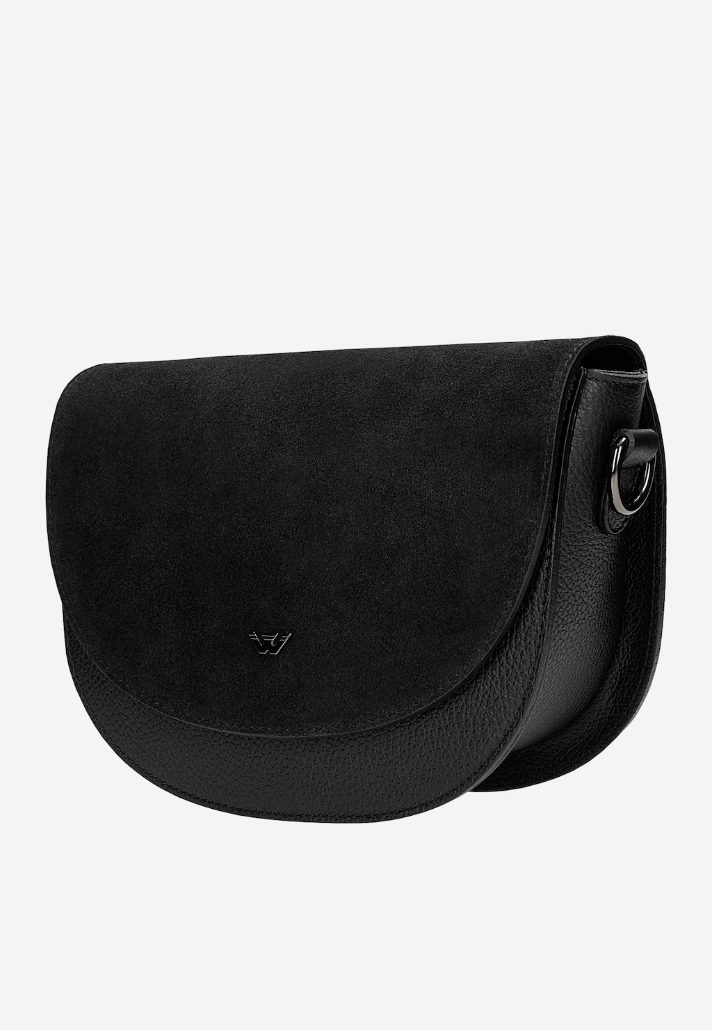 Czarna torebka damska Wojas Saddle bag z łączonych skór – zamsz i skóra ziarnista, model 80497-71, z klapą i regulowanym paskiem.