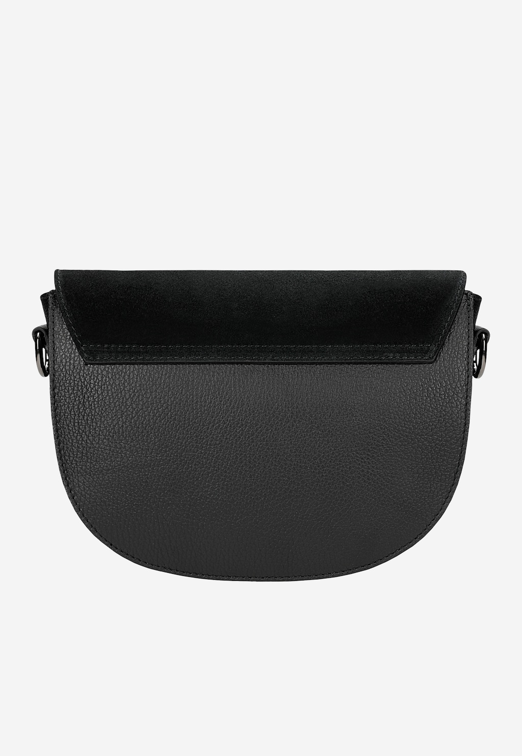 Czarna torebka damska Wojas Saddle bag 80497-71 z łączonych skór – widok z tyłu, półokrągły kształt, klapa z zamszu, srebrne okucia.