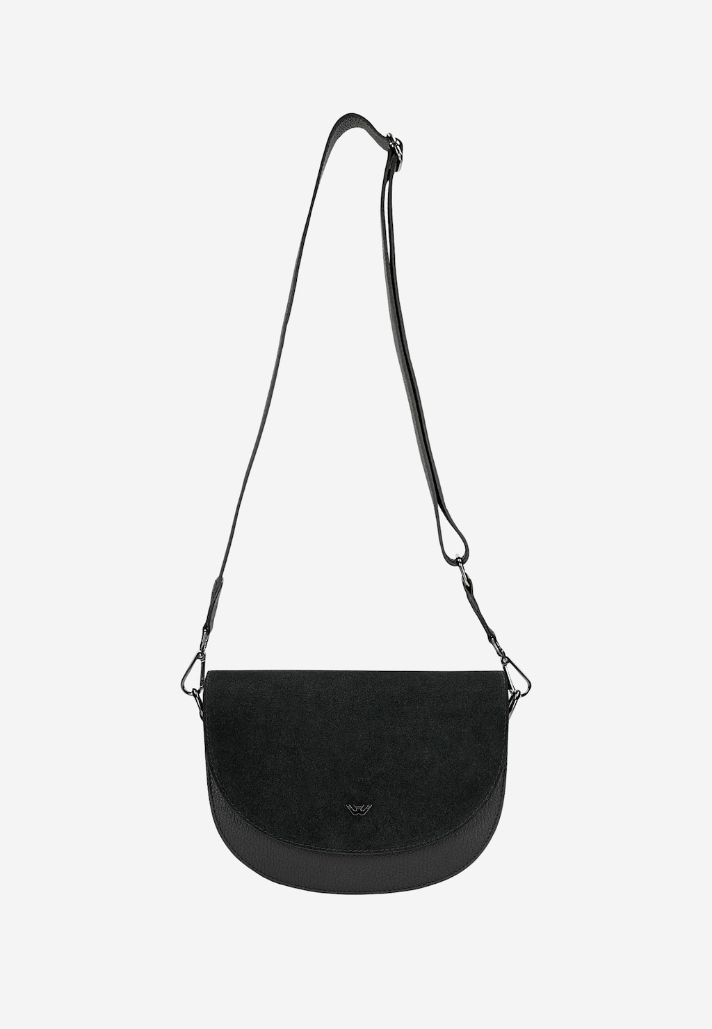 Czarna torebka damska Wojas Saddle bag 80497-71 z łączonych skór z klapą i długim regulowanym paskiem na ramię