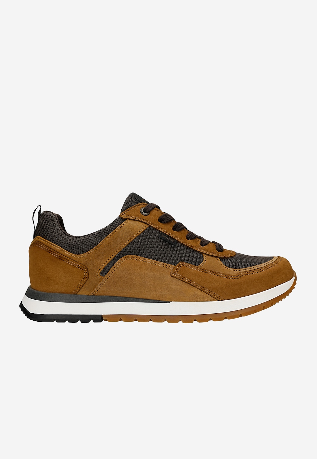Wojas brązowe sneakersy męskie 10296-83 z kontrastowymi skórzanymi panelami, widok z boku, podeszwa biało-czarna z kauczukowym spodem.