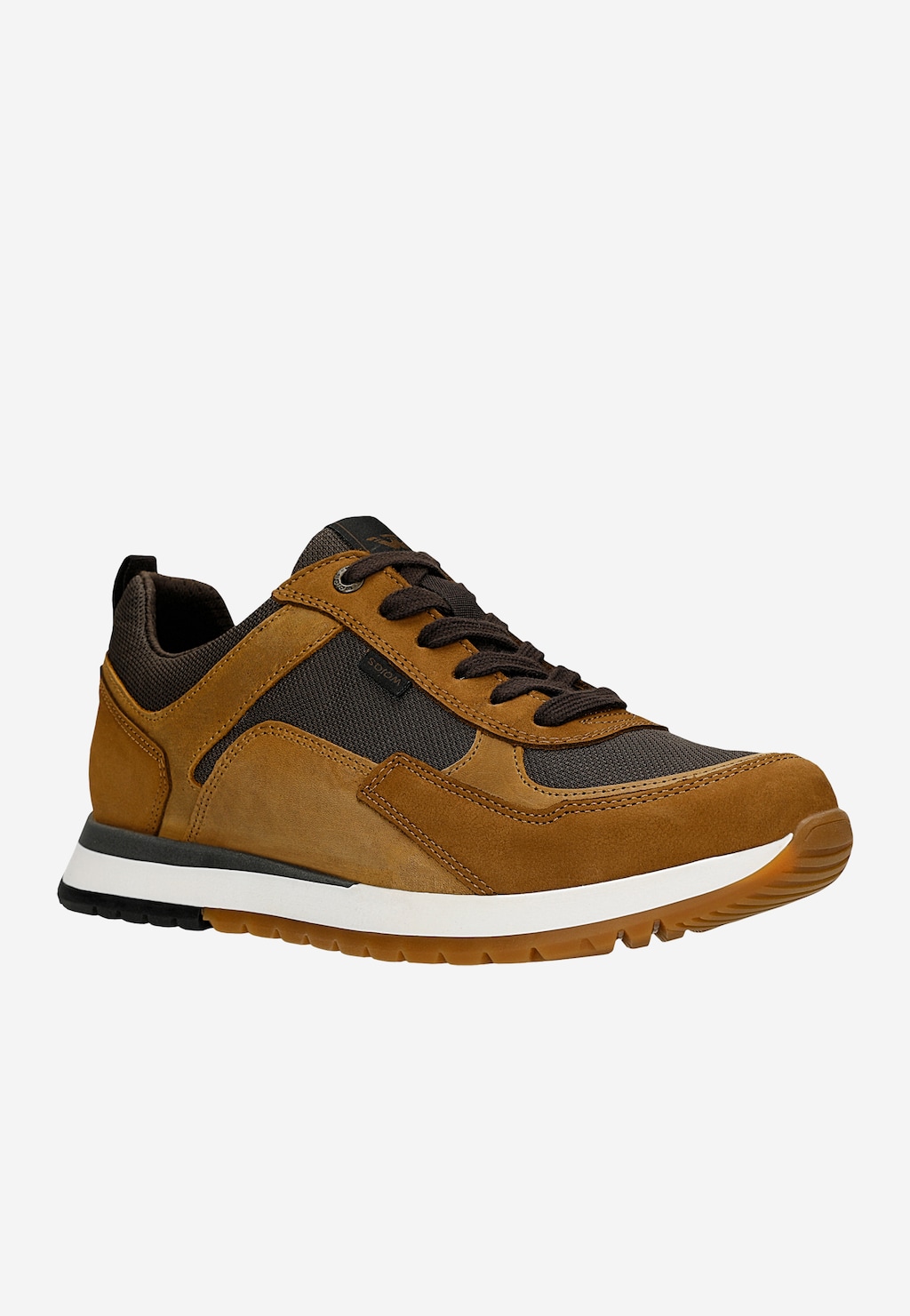 Wojas brązowe sneakersy męskie 10296-83 z kontrastowymi skórzanymi panelami, widok z boku, jasnobrązowa skóra z ciemnymi wstawkami i białą podeszwą.