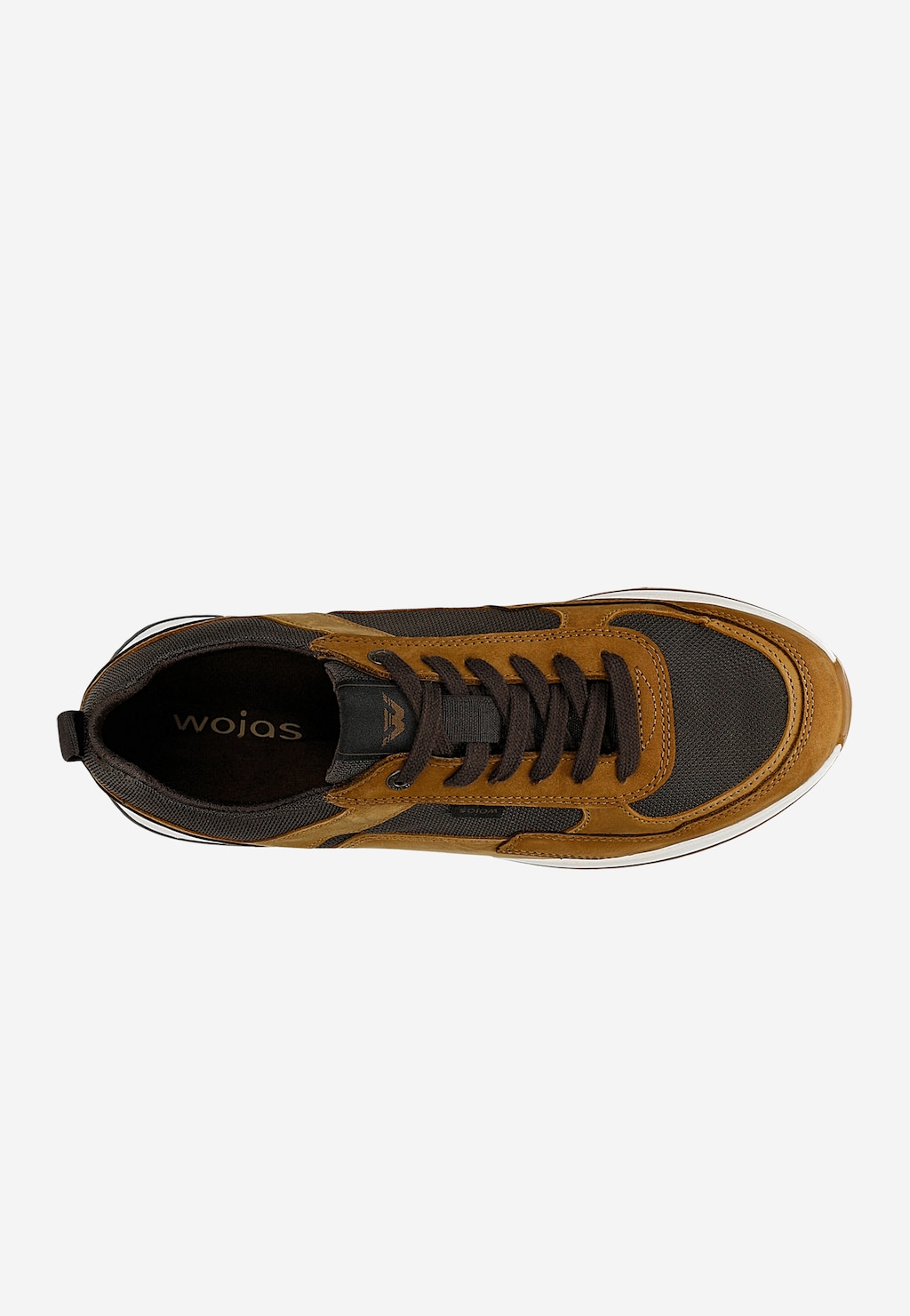 Wojas brązowe sneakersy męskie 10296-83 z kontrastowymi skórzanymi panelami, widok z góry, sznurowane, logo Wojas wewnątrz.
