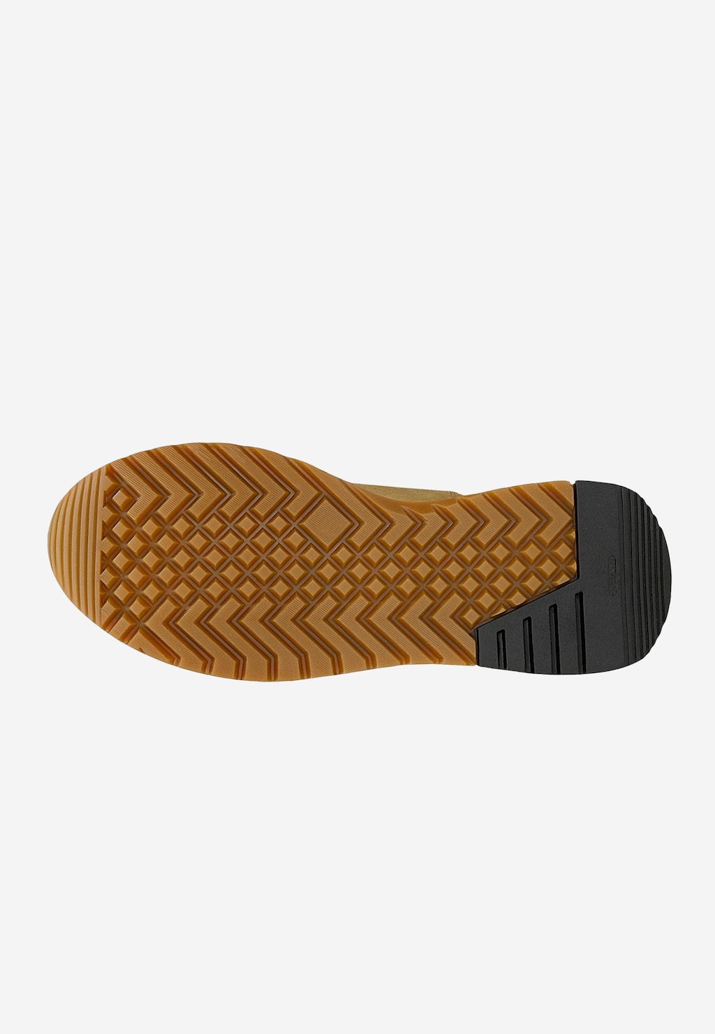 Podeszwa sneakersów męskich Wojas 10296-83 w kolorze brązowym z geometrycznym wzorem antypoślizgowym i czarnym obcasem, widok od dołu.