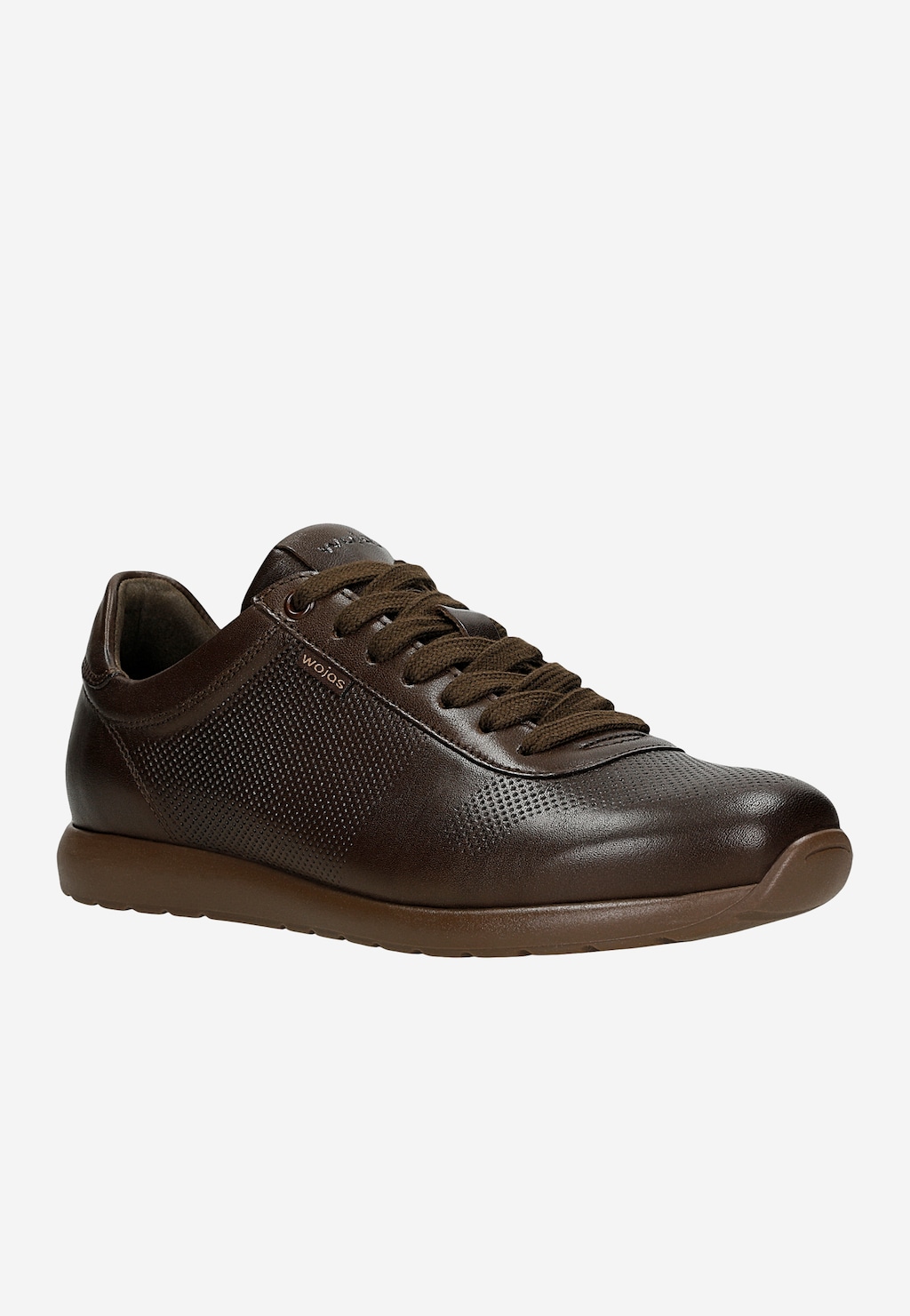 Wojas brązowe sneakersy damskie ze skóry licowej 46411-52, perforowany bok, sznurowane, lekka podeszwa, widok z boku pod kątem.