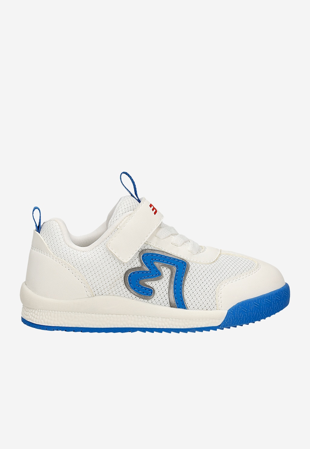 Biało-niebieskie sneakersy Bartek 87012-16 dla dzieci z niebieską podeszwą, zapięciem na rzep i niebiesko-szarym logo na boku.