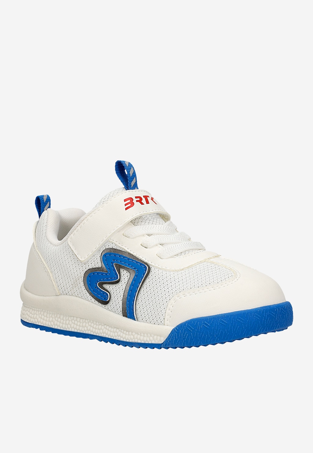 Biało-niebieskie sneakersy Bartek 87012-16 dla dzieci z niebieską podeszwą, rzepem i logo BRTK, widok z boku.