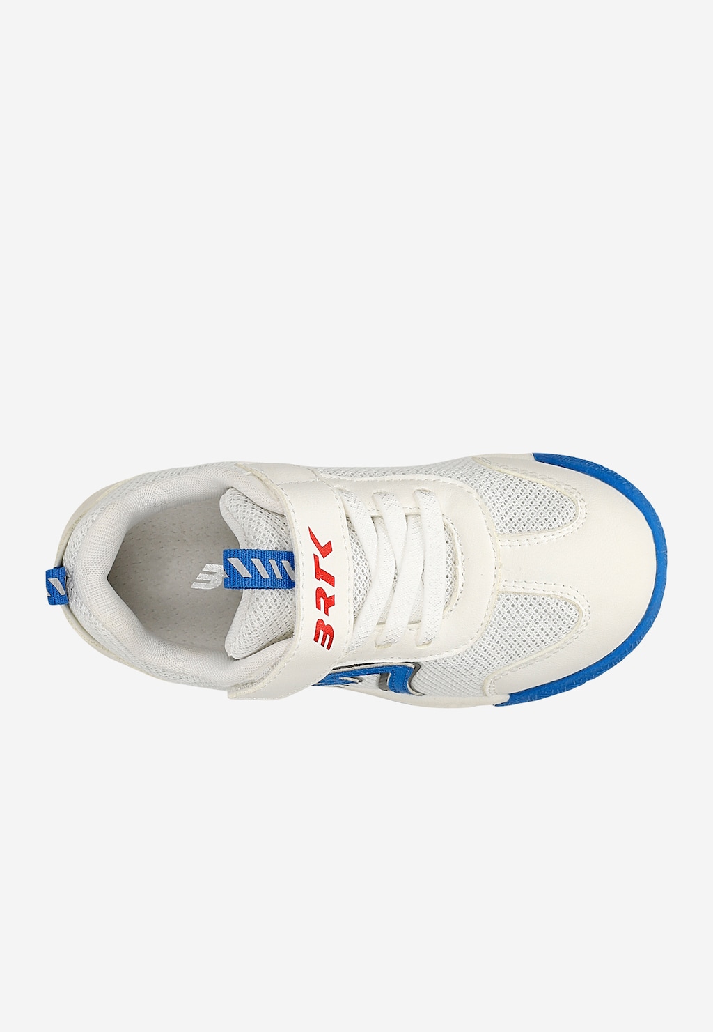 Biało-niebieskie sneakersy Bartek 87012-16 dla dzieci z zapięciem na rzep, widok z góry, logo BRTK w kolorze czerwonym.