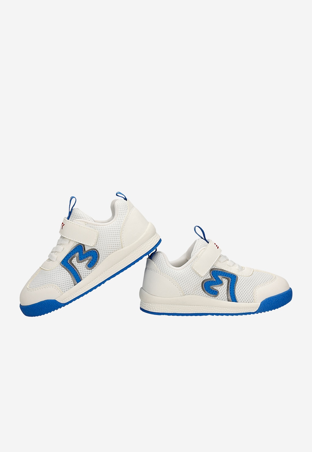 Biało-niebieskie sneakersy Bartek 87012-16 dla dzieci z niebieską podeszwą, logo i rzepem, widok z boku.