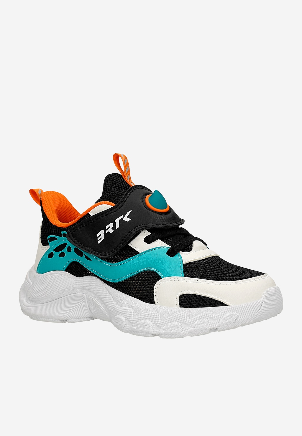 Kolorowe sneakersy chłopięce Bartek 87014-17 w czarno-biało-turkusowej kolorystyce z pomarańczowymi akcentami i rzepem.