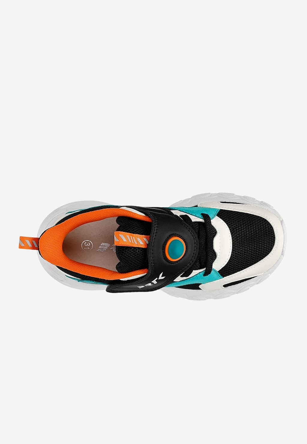 Kolorowe sneakersy chłopięce Bartek 87014-17 w czarno-biało-turkusowo-pomarańczowych barwach, widok z góry, zapięcie na rzep.