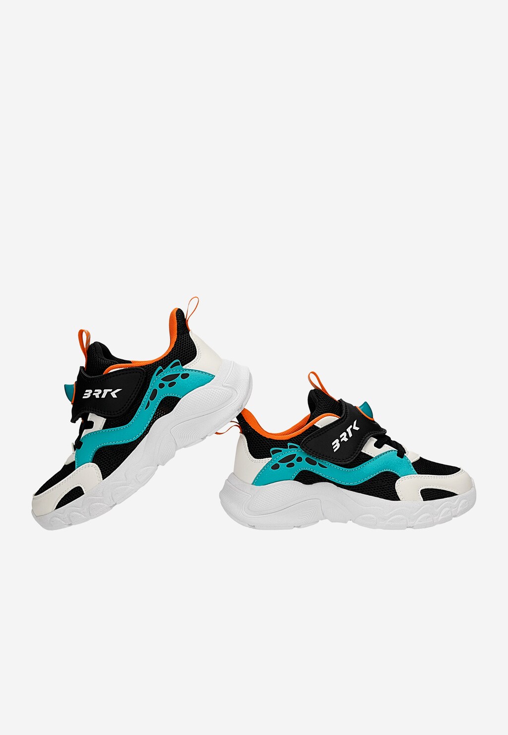 Kolorowe sneakersy chłopięce Bartek 87014-17 w czarno-biało-turkusowej kolorystyce z pomarańczowymi detalami i rzepem