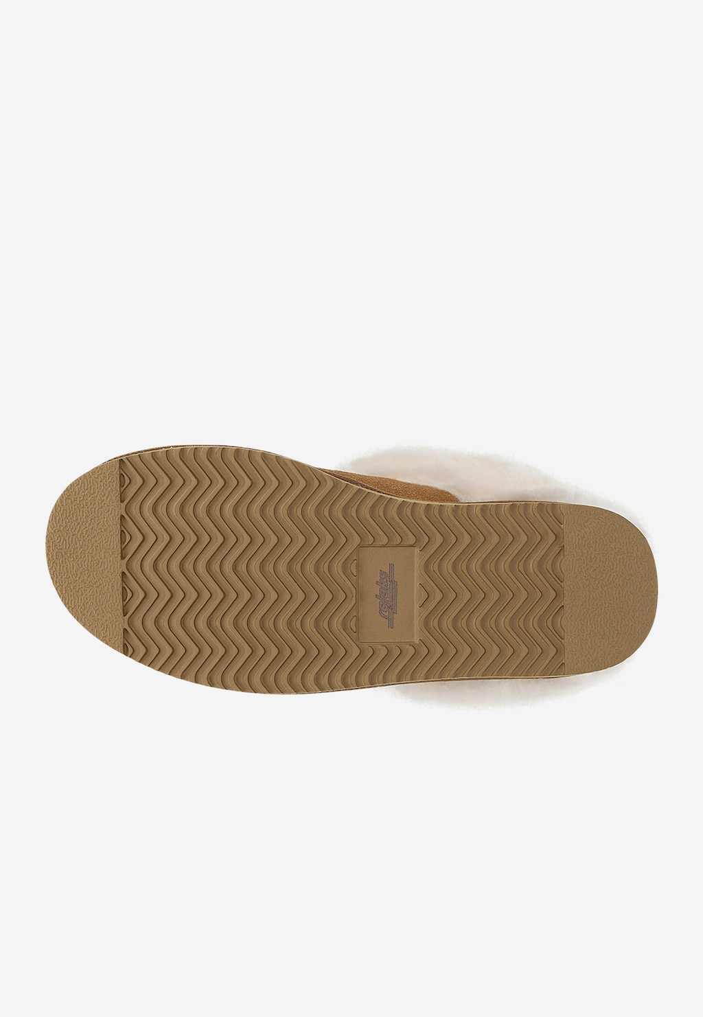 Podeszwa kapcia RELAKS R34001-64 jasnobrązowego z wełną merino, widok od dołu z antypoślizgowym wzorem falistym i logo marki.