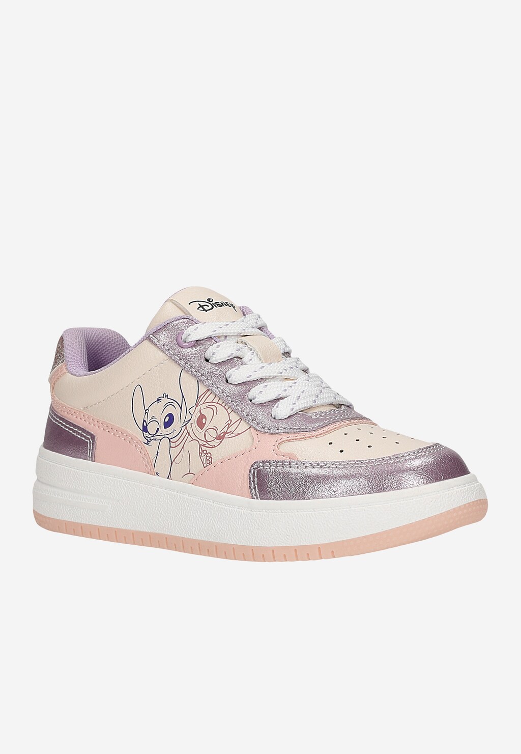 Dziewczęce trampki Bartek 87066-16 z nadrukiem Stitcha, różowo-fioletowe, błyszczące wstawki, białe sznurówki, logo Disney
