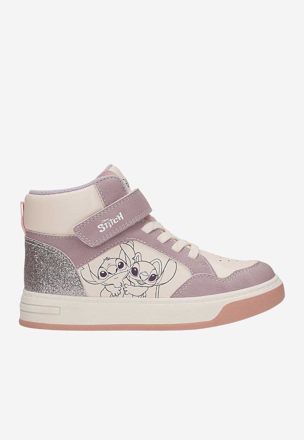 Wysokie trampki Bartek 88019-16 Stitch dla dzieci w kolorze fioletowo-różowym z brokatem i nadrukiem Disney Stitch, zapięcie na rzep i sznurówki.