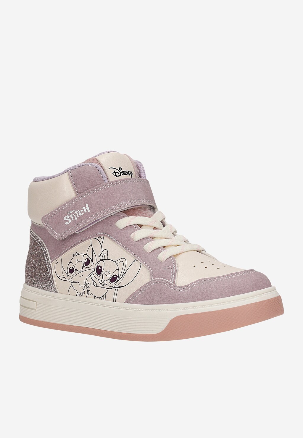 Fioletowe wysokie trampki Bartek 88019-16 Disney Stitch z nadrukiem, zapięciem na rzep i sznurówki, brokatowe detale, widok z boku.