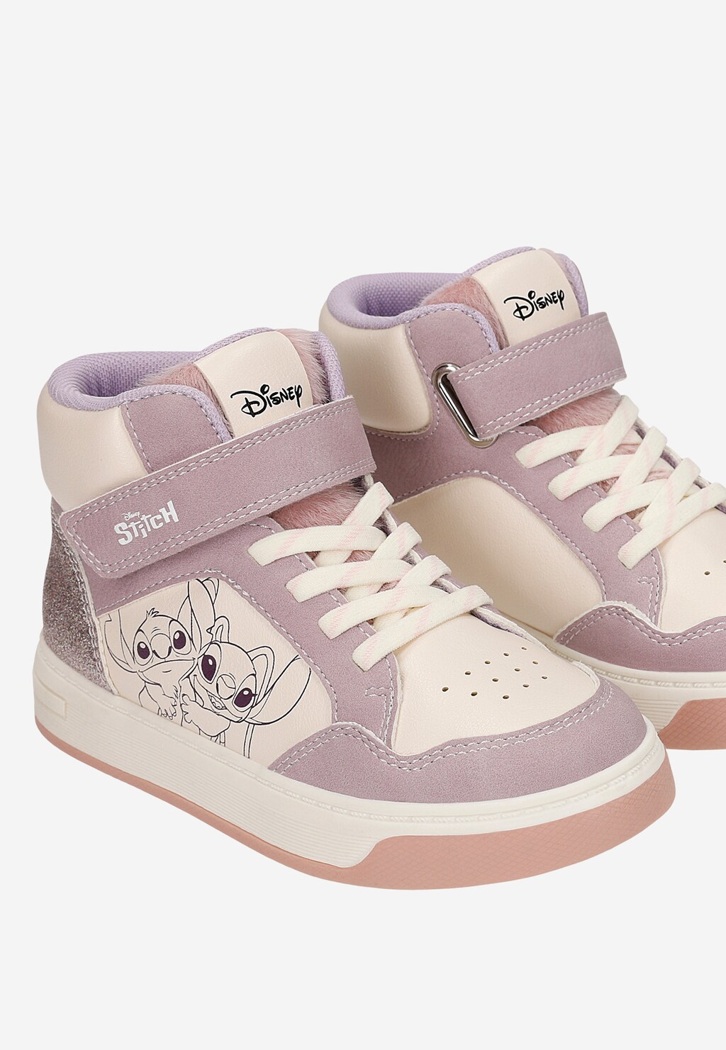 Fioletowe wysokie trampki Bartek 88019-16 Disney Stitch dla dzieci z rzepem, sznurowadłami i brokatem, motyw Stitch i Angel z boku buta.