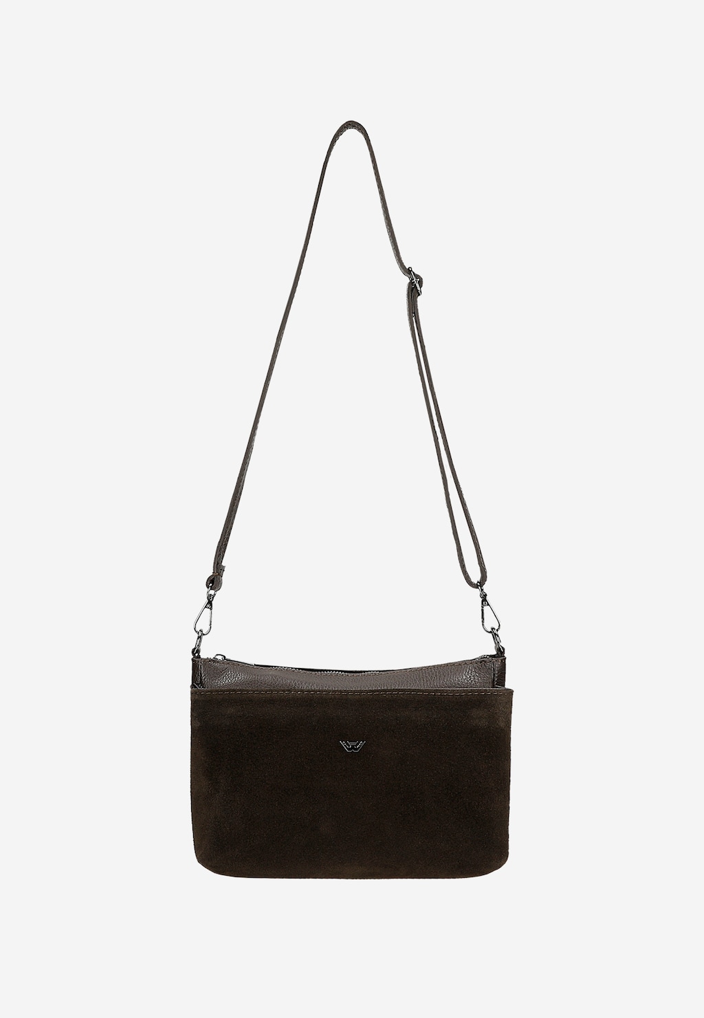 Wojas brązowa czekoladowa torebka damska 80507-72 na długim pasku, zamszowy przód z logo, regulowany pasek crossbody