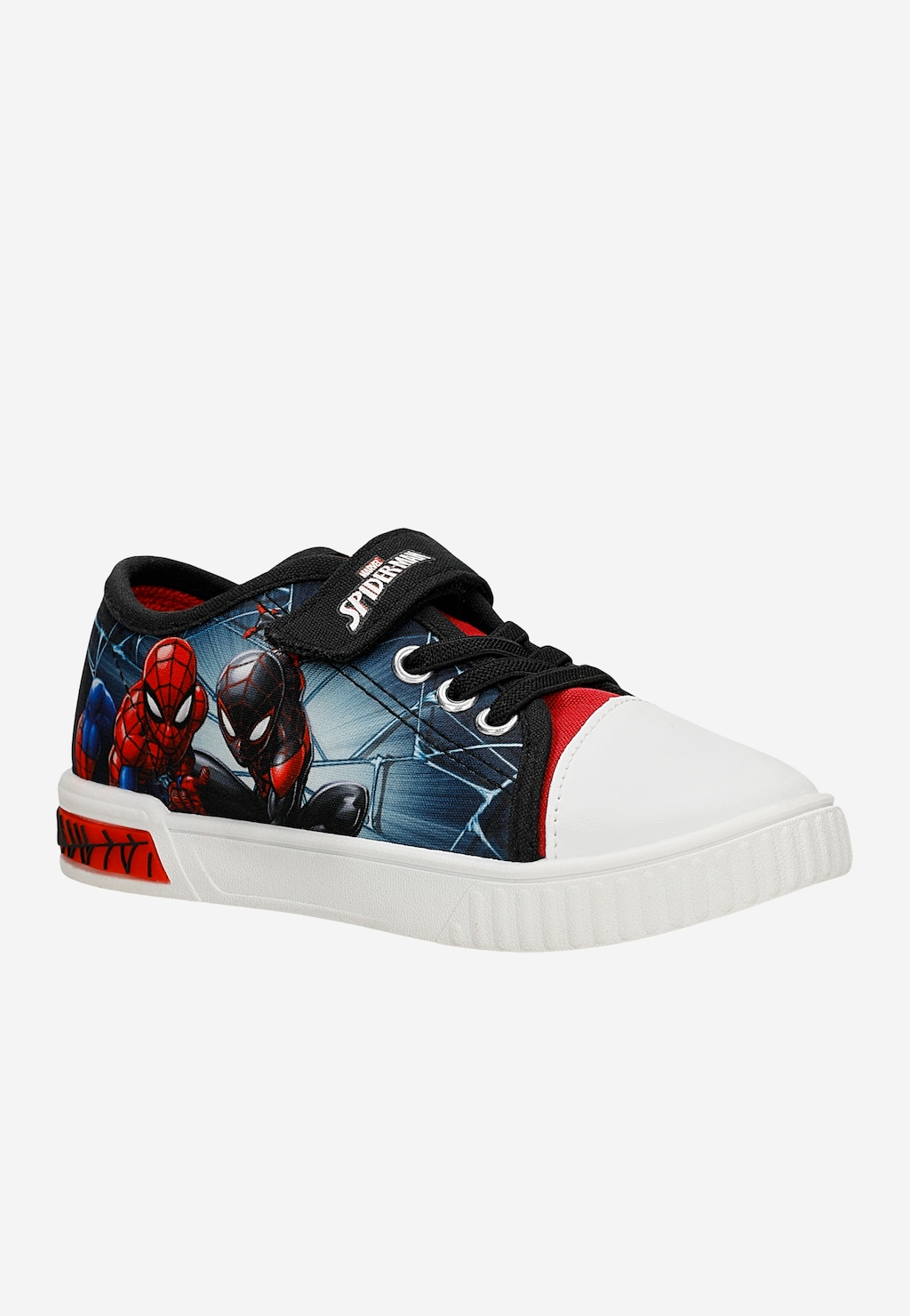 Trampki chłopięce Bartek 87039-15 Spider-Man z granatowym nadrukiem, rzepem i sznurowadłami, biała podeszwa, widok z boku.