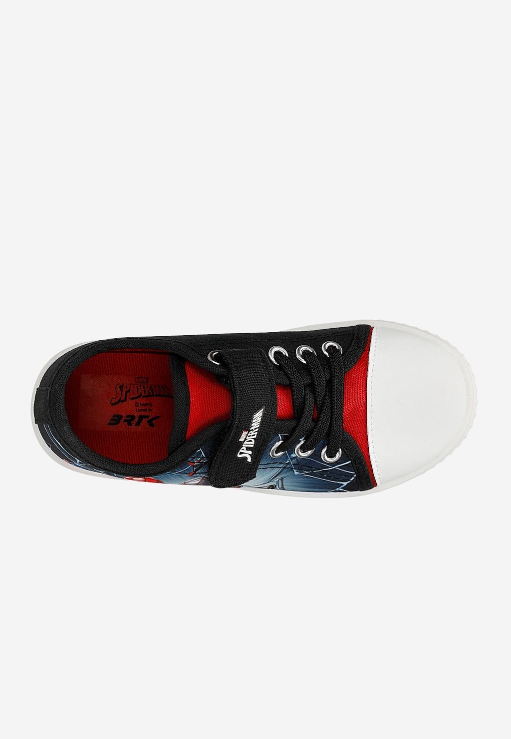 Trampki chłopięce Bartek Spider-Man 87039-15, czarne z czerwonymi detalami i nadrukiem, widok z góry, białe nosek i podeszwa, sznurowane.