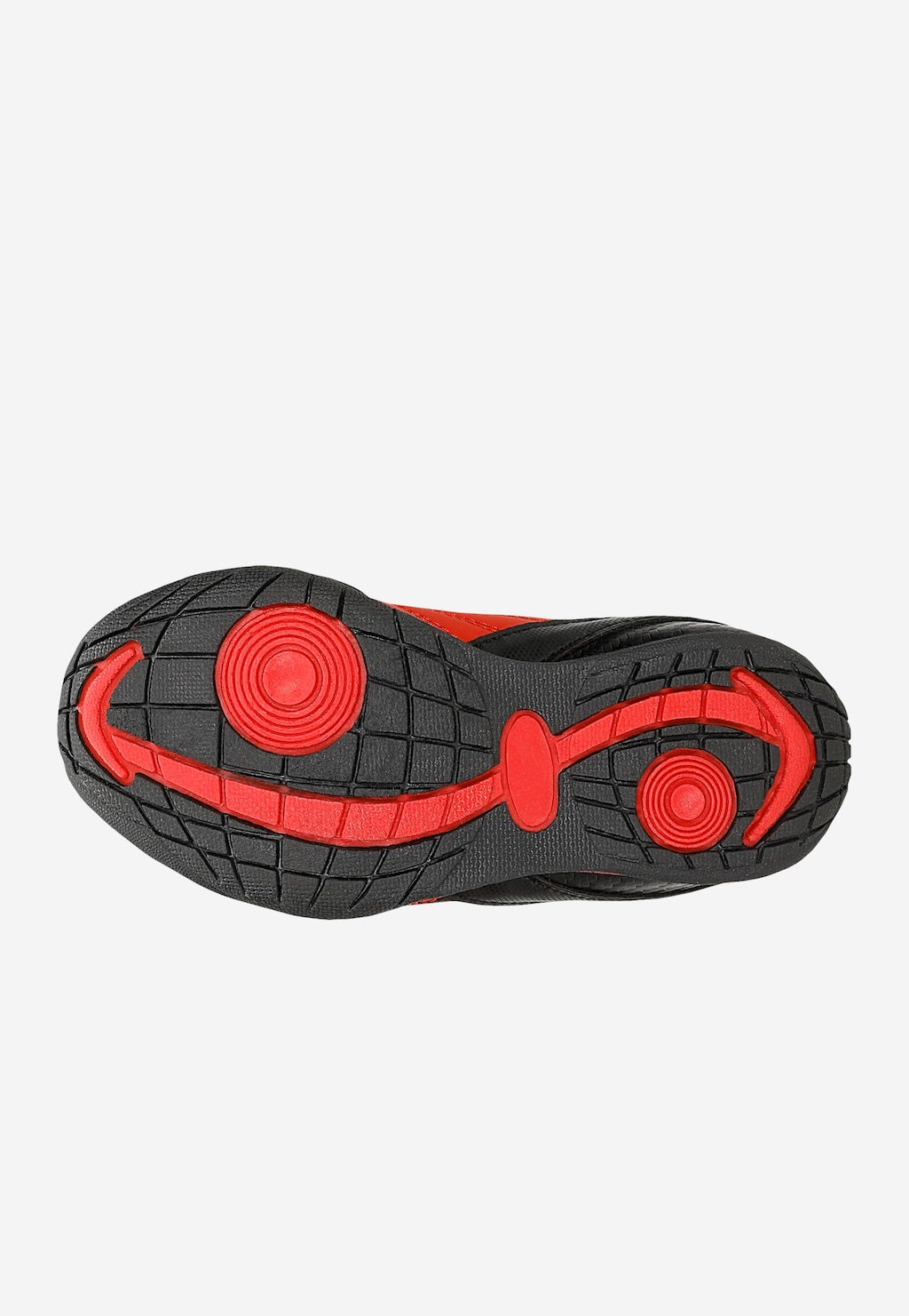 Podeszwa sneakersów Bartek 87067-15 w kolorze czarno-czerwonym z motywem bajki Auta, widok od spodu z wzorem antypoślizgowym.