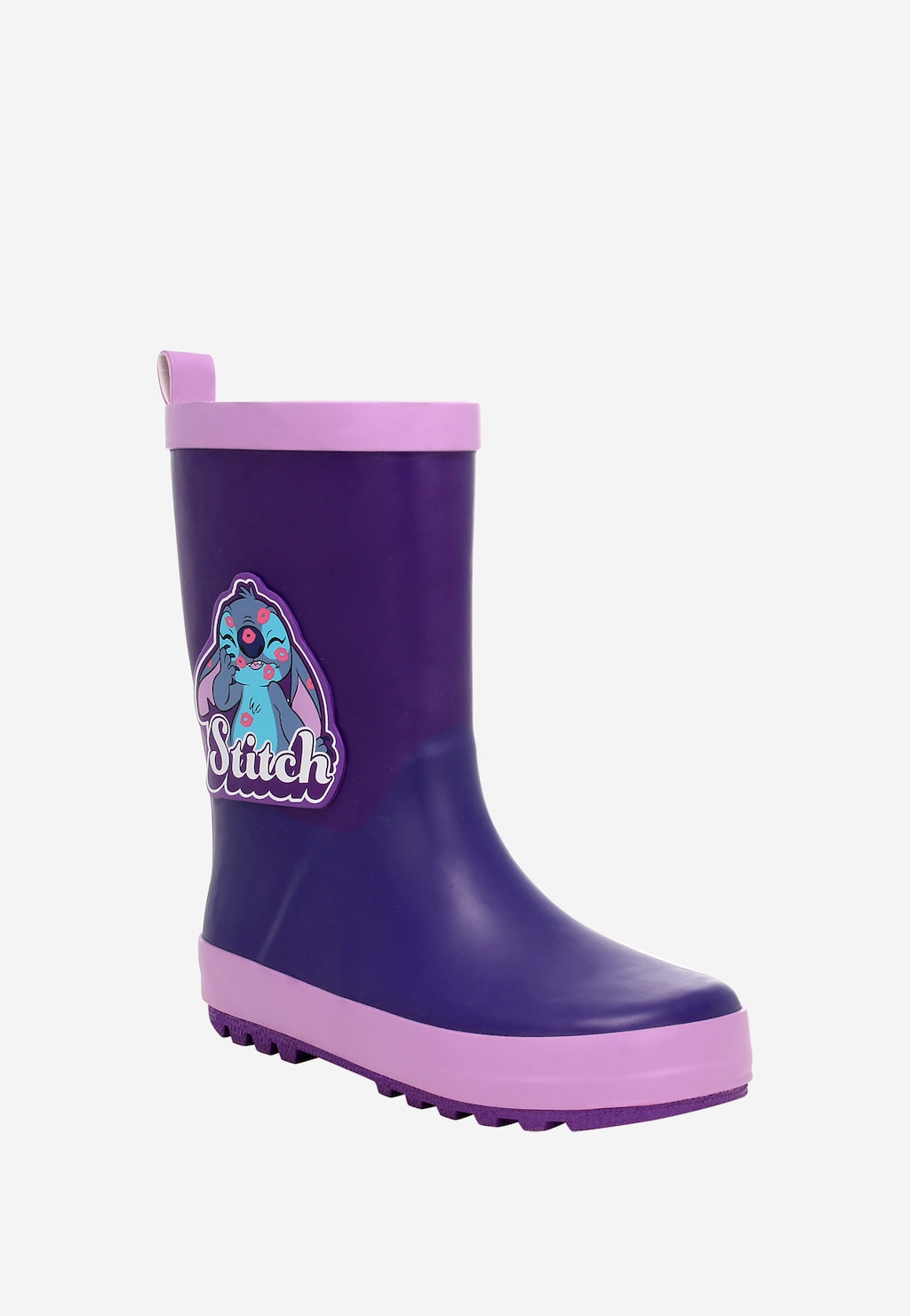 Fioletowe kalosze dziewczęce Bartek 86700-16 z motywem Stitch z Lilo & Stitch, jasnofiołkowe wykończenia i podeszwa, aplikacja z postacią Stitch.