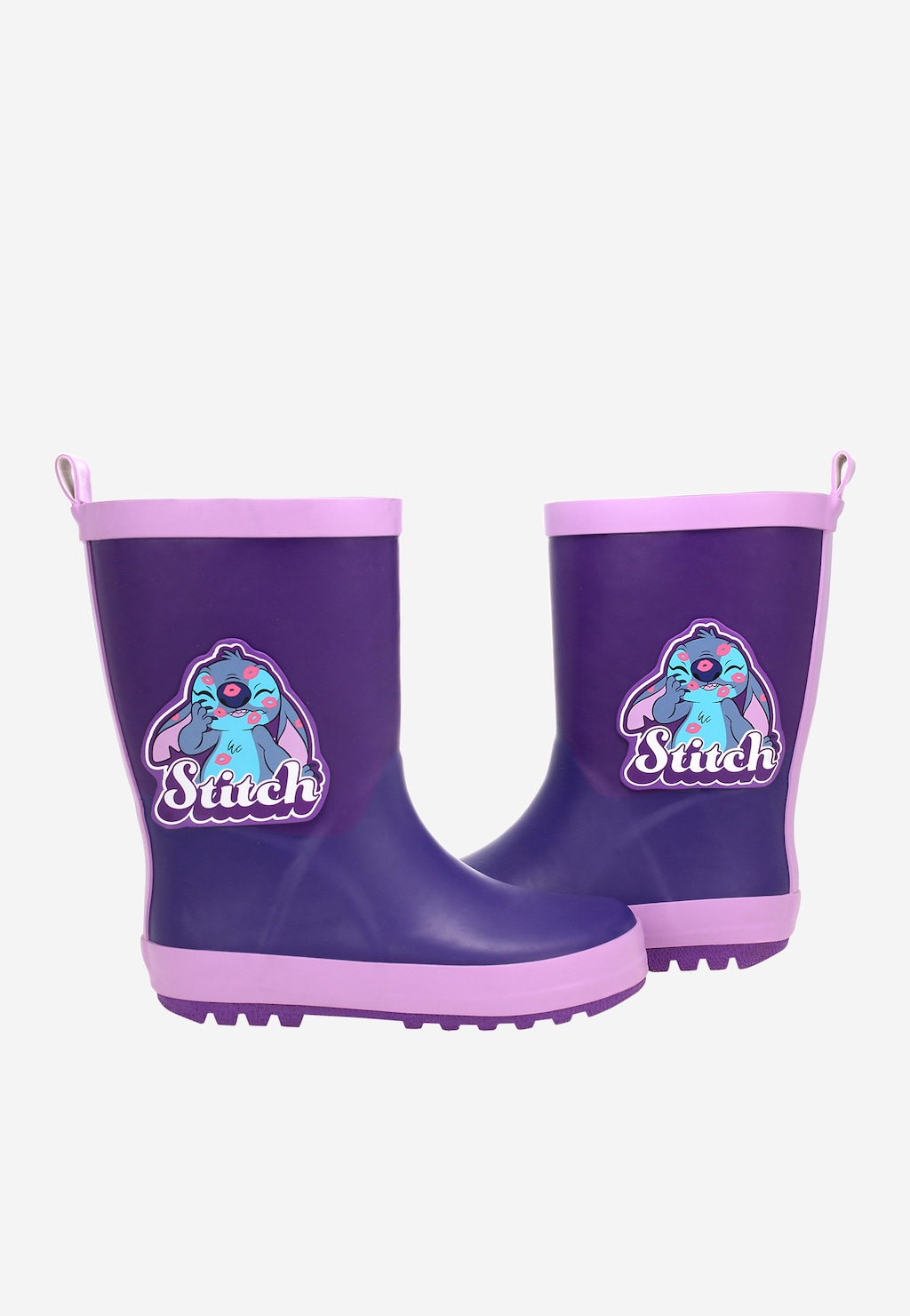 Fioletowe kalosze dziewczęce Bartek 86700-16 z motywem Stitch z Lilo & Stitch, jasnofioletowa podeszwa i cholewka, aplikacja z postacią Stitcha.