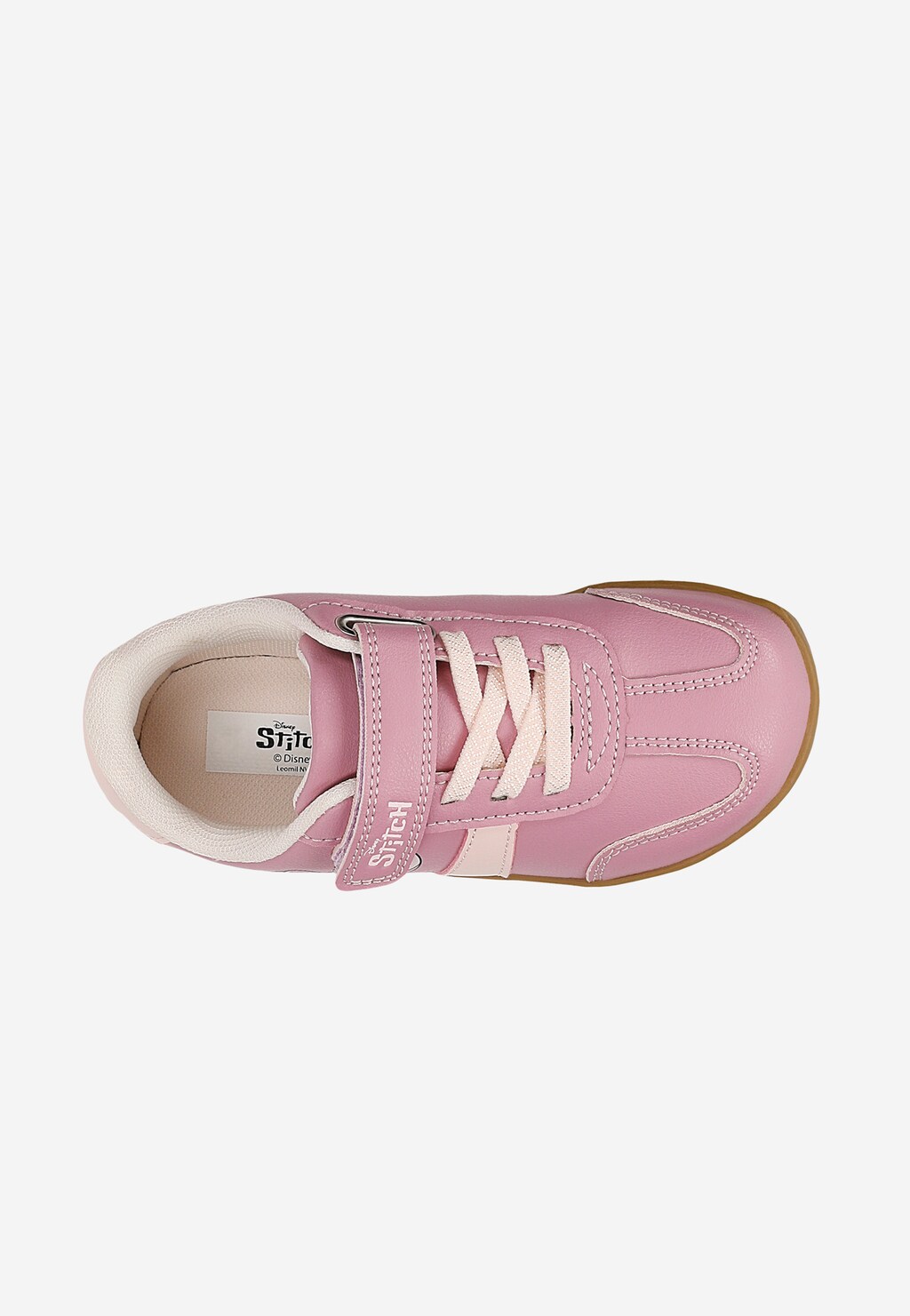 Różowy barefoot sneaker dziecięcy Bartek 87070-15 ze Stitchem, widok z góry, zapięcie na rzep i sznurówki, jasna wkładka z logo Disney Stitch.