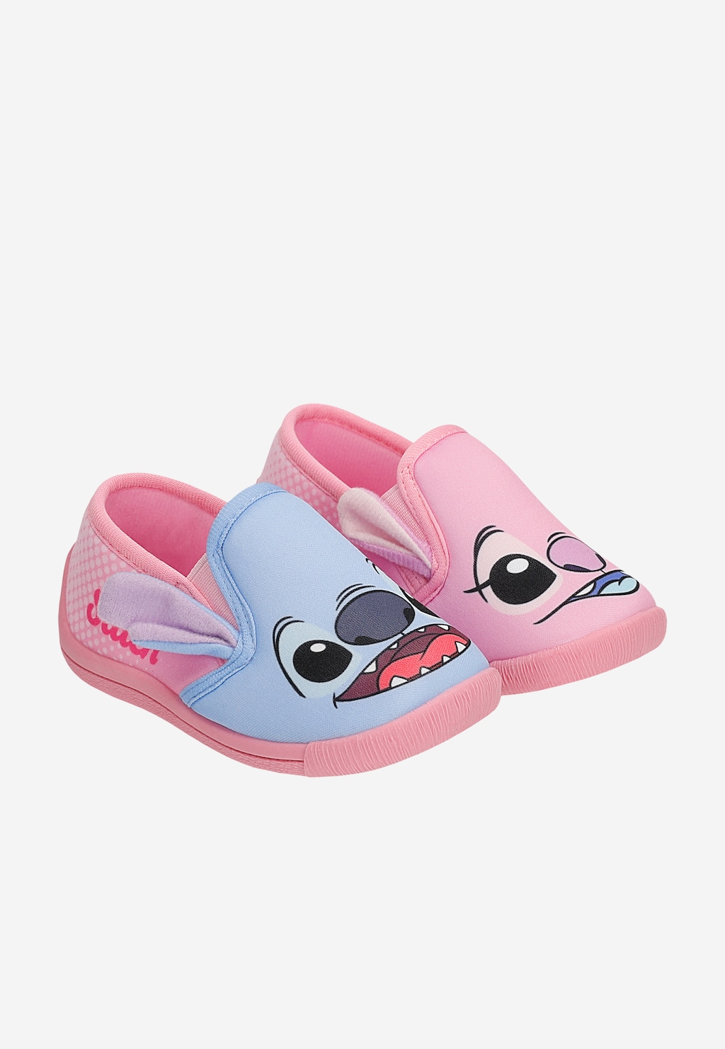 Różowo-niebieskie kapcie dziecięce Bartek 87852-11 z motywem Stitch i Angel Disney, wsuwane, z uszkami, widok z przodu i boku.