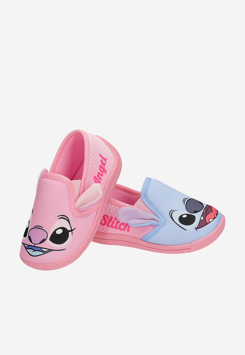 Różowo-niebieskie kapcie dziecięce Bartek 87852-11 z motywem Stitch i Angel, wsuwane, z uszkami i nadrukiem twarzy postaci Disney