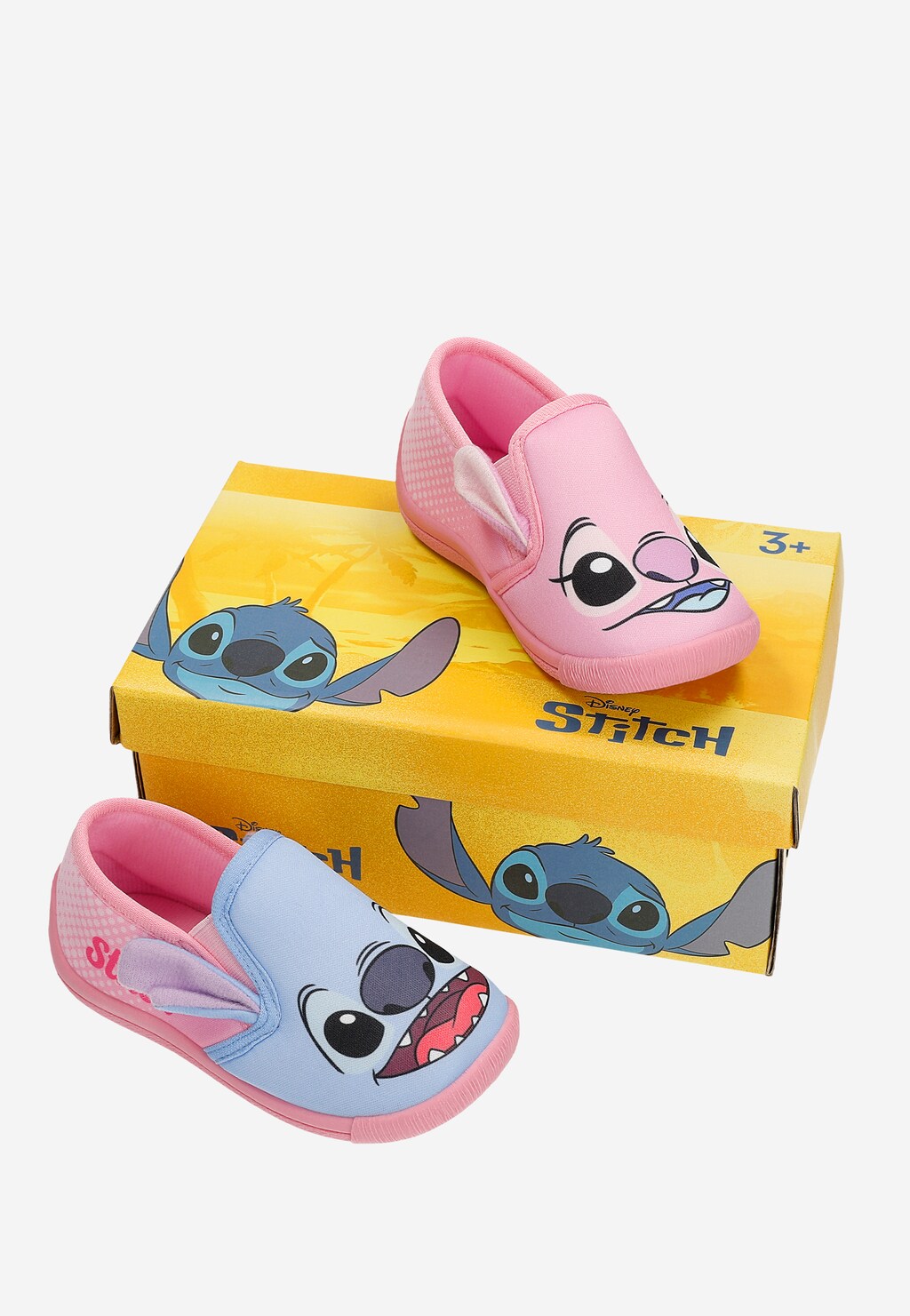Różowo-niebieskie kapcie Bartek 87852-11 z motywem Stitch i Angel Disney, dla dzieci 3+, w pudełku z nadrukiem Stitch.