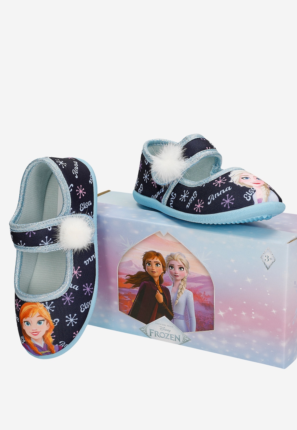Granatowo-niebieskie baleriny Bartek 87855-46 z Anną i Elsą z Krainy Lodu, z pomponem i błyszczącym paskiem, na pudełku Disney Frozen
