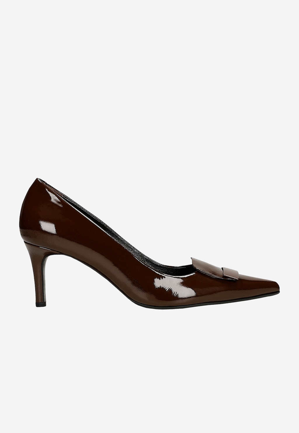 Bordowe czółenka damskie Wojas 35210-32 z lakierowanej skóry, szpiczasty nosek, ozdobna klamra, elegancki obcas kitten heel, widok z boku.