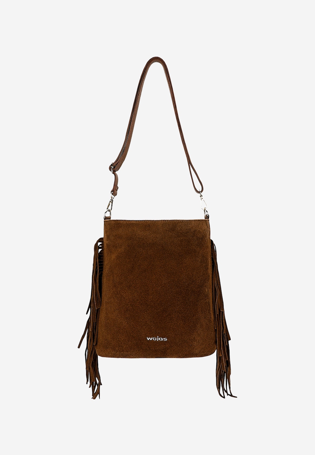Wojas brązowa torebka damska boho z frędzlami model 80506-73, zamszowa na długim pasku, srebrne zapięcia, styl boho