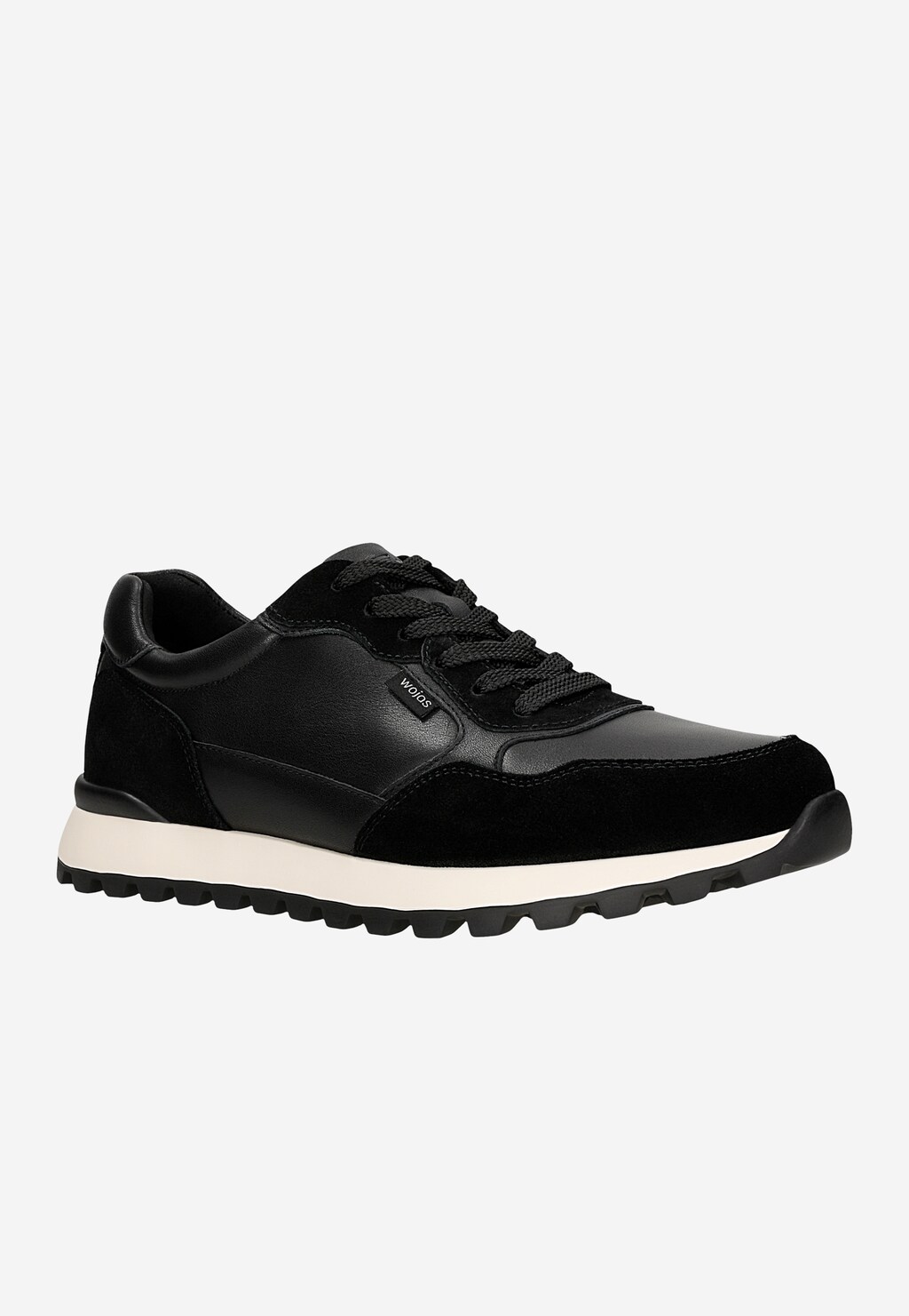 Wojas czarne sneakersy męskie 10323-71 z łączonych skór – gładka skóra i zamsz, białe miasto, czarna podeszwa, sznurowane.