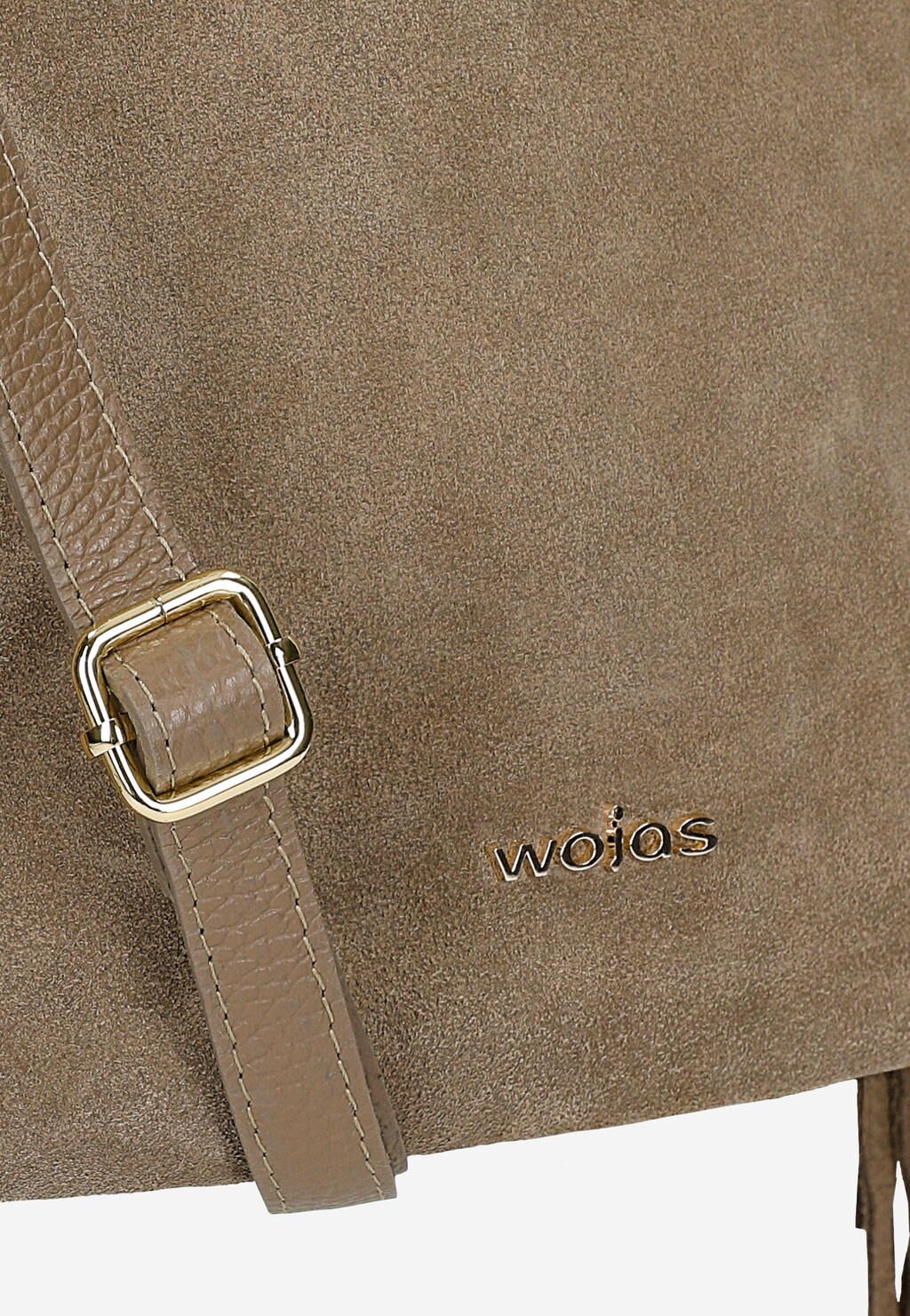 Wojas beżowa torebka damska boho z zamszu z frędzlami, złota klamra paska, logo marki, model 80506-74