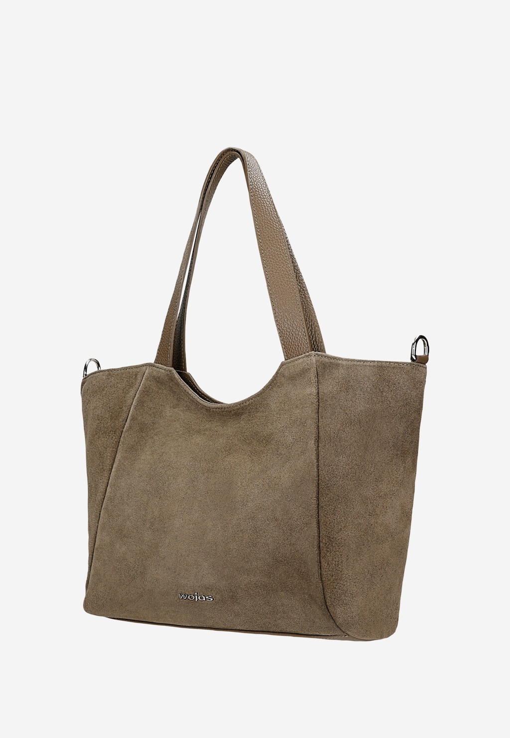 Ciemnobeżowa torebka damska Wojas 80517-74 z zamszu, duża torba shopper na ramię z długimi uchwytami i srebrnymi zapięciami.