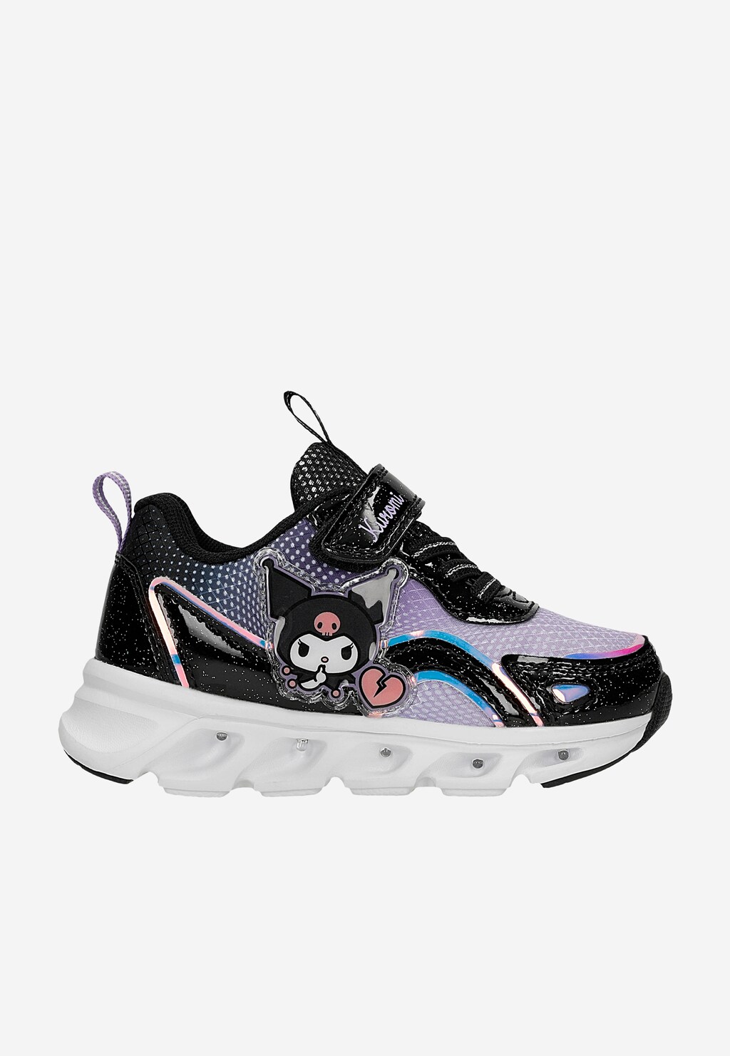 Sneakersy dziewczęce Bartek 87064-16 Kuromi czarno-fioletowe z holograficznymi detalami, aplikacją Kuromi i światełkami LED w podeszwie, zapięcie na rzep.