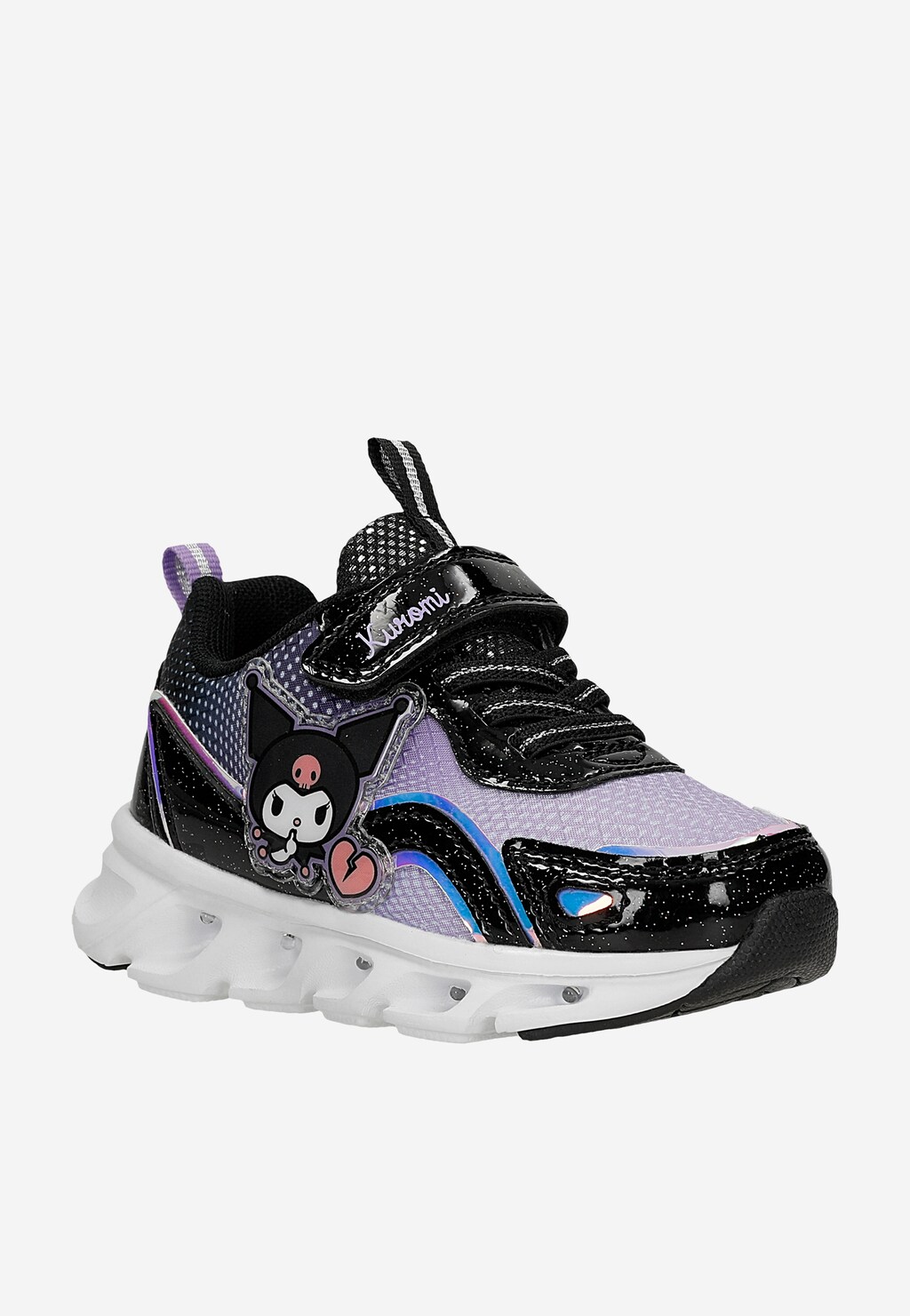 Sneakersy dziewczęce Bartek Kuromi 87064-16 w czarno-fioletowym kolorze z nadrukiem Kuromi, brokatem i podświetlaną podeszwą LED.