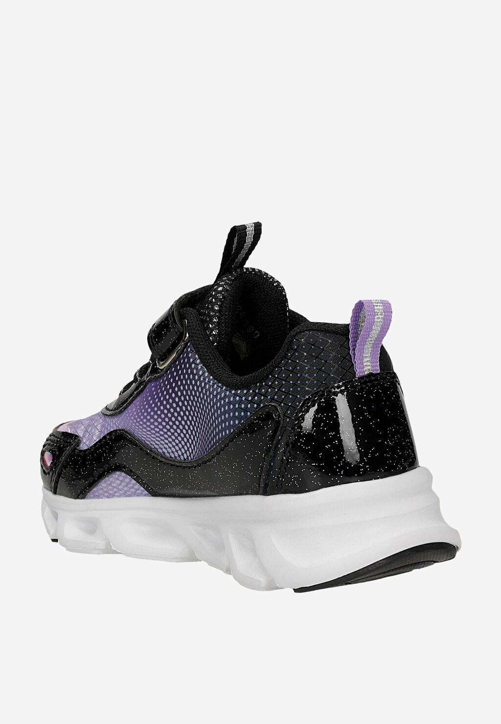 Sneakersy dziewczęce Bartek Kuromi 87064-16 w kolorze czarno-fioletowym z brokatem, światełkami LED i białą podeszwą, widok z tyłu.