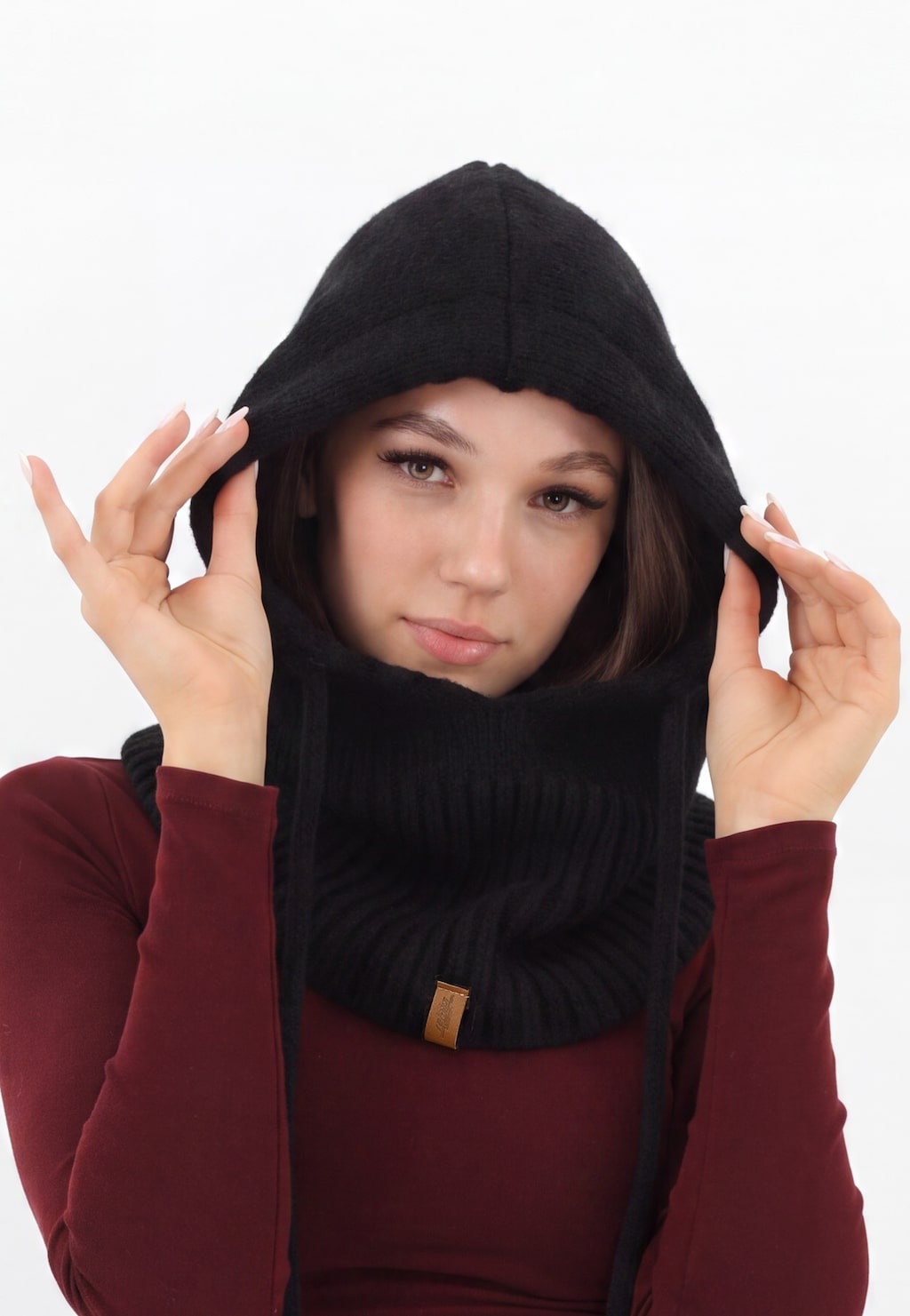 Czarny kaptur balaklawa z wełny merino i bawełny R96036-81 Widok 2