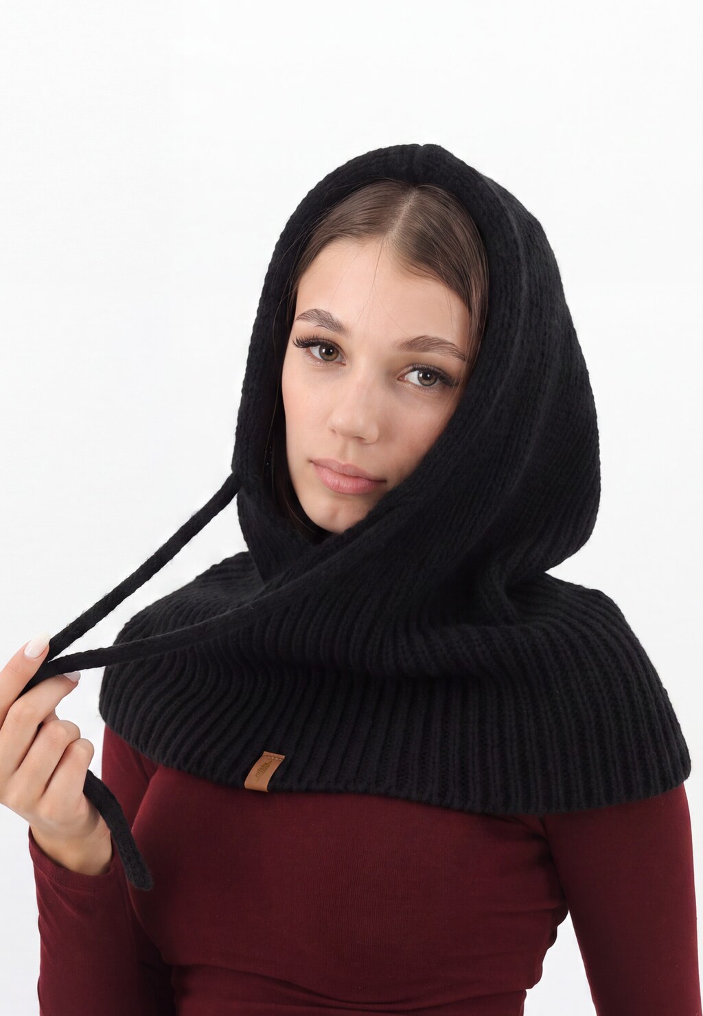 Czarny kaptur balaklawa z wełny merino i bawełny R96036-81 Widok 3
