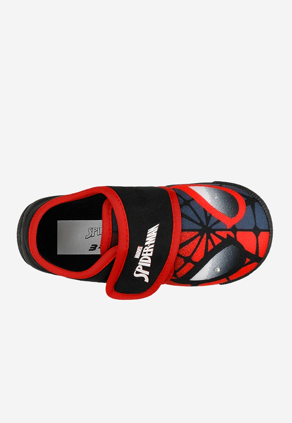 Kapcie chłopięce Bartek 87851-11 Spider-Man z rzepem, widok z góry, czarno-czerwone z nadrukiem maski Spider-Mana i świecącą diodą LED.