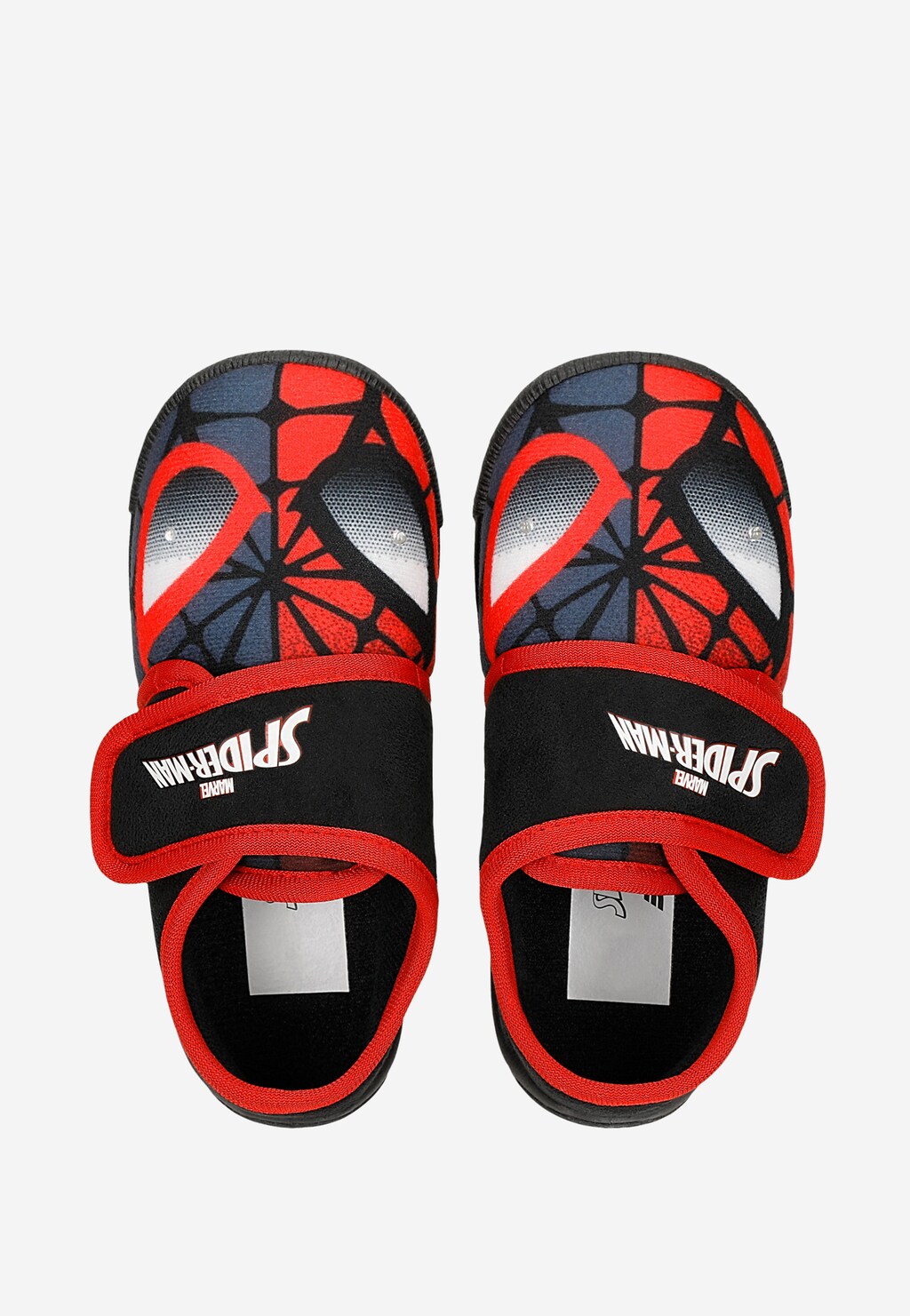 Kapcie chłopięce Bartek Spider-Man 87851-11 w kolorze czarno-czerwonym z motywem pajęczyny i rzepem, widok z góry