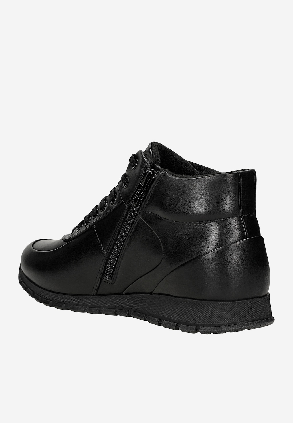 Wojas czarne sneakersy za kostkę ze skóry licowej 24151-51, widok z tyłu, z zamkiem błyskawicznym z boku i sznurowaniem, na platformie.