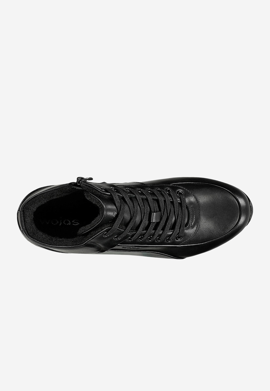 Wojas czarny sneaker za kostkę ze skóry licowej 24151-51, widok z góry, sznurowane wiązanie, zamek boczny, miękka wyściółka wnętrza.