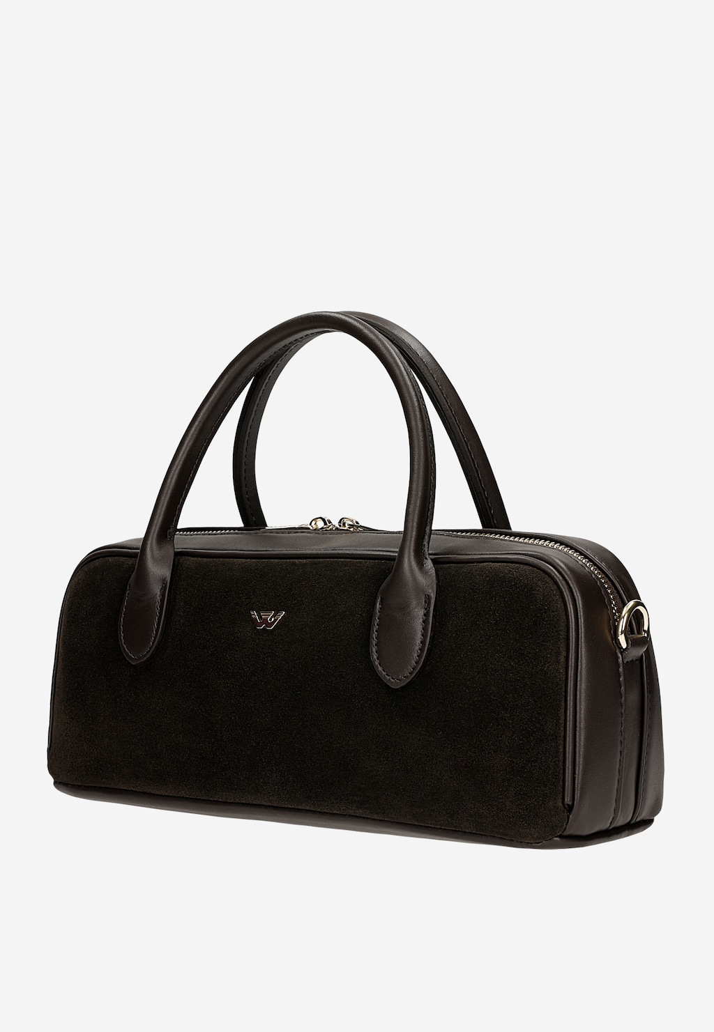 Wojas damska torebka bowling bag 8052172 w kolorze czarnym z wstawkami z dwoiny welurowej, skórzanymi uchwytami i srebrnym zamkiem błyskawicznym