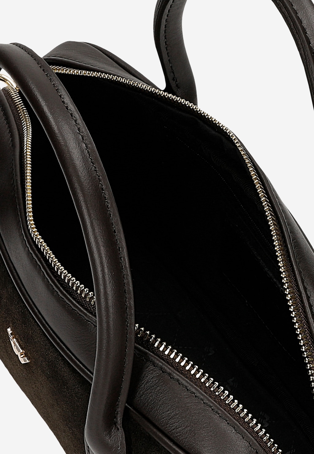 Wojas czarna torebka damska bowling bag z dwoiny welurowej model 8052172 – widok wnętrza z srebrnym zamkiem błyskawicznym
