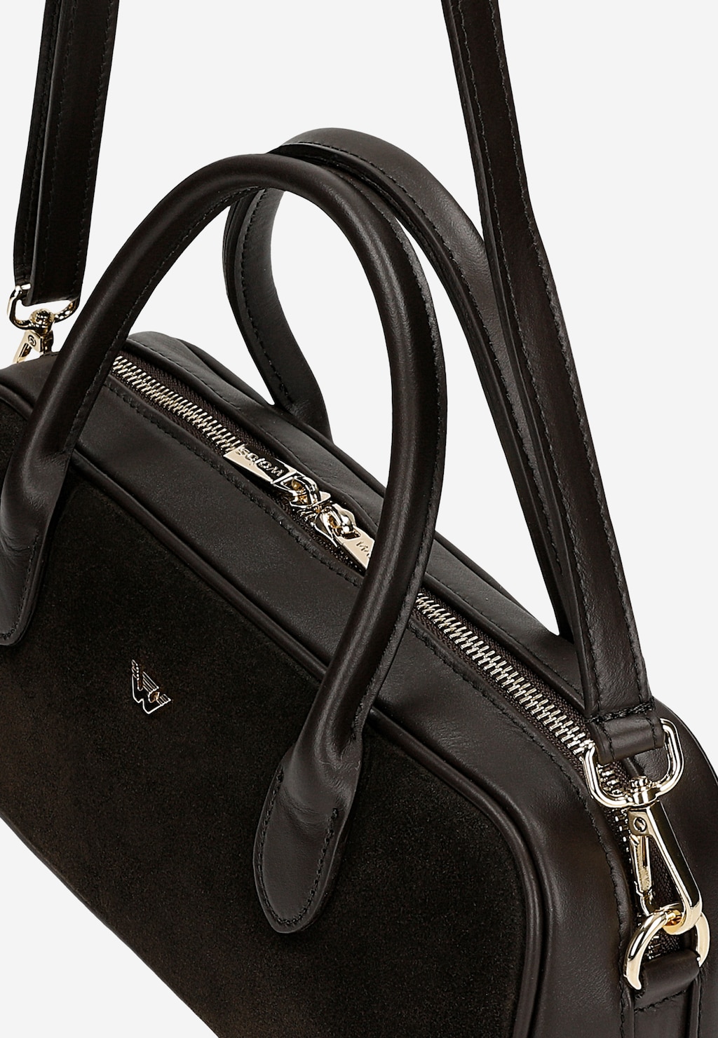 Czarna torebka damska Wojas bowling bag z wstawkami z dwoiny welurowej, złote zamki i logo, rączki i pasek na ramię, model 8052172